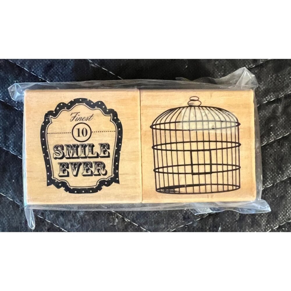 Vintage-Inspired Wooden Rubber Stamps - Finest Smile Ever & Birdcage Design (2PA